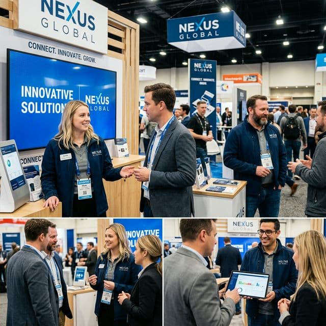 Corporate team in branded apparel at an event