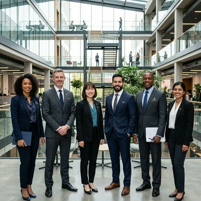 Corporate team in coordinated branded apparel