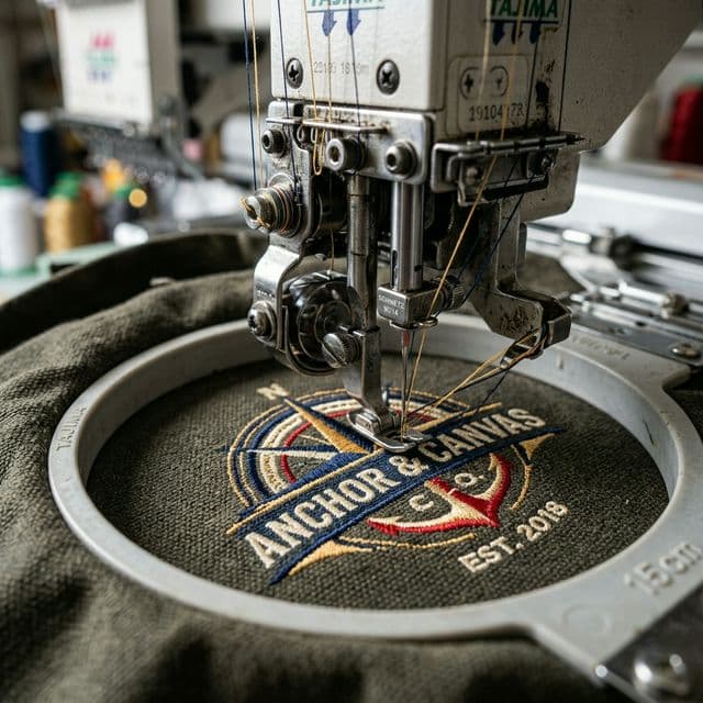 Close-up of embroidered branding on a hospitality apron