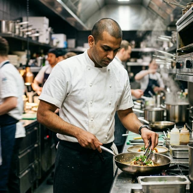 Branded hospitality uniforms in a working kitchen environment