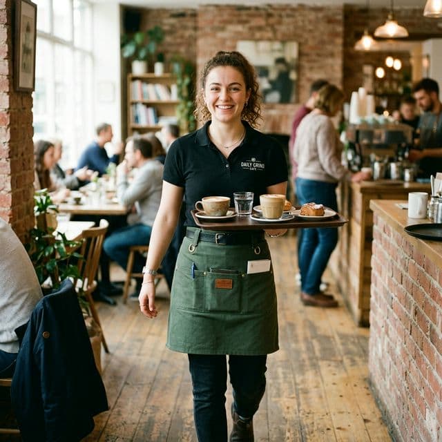 Branded hospitality garments including polos and aprons