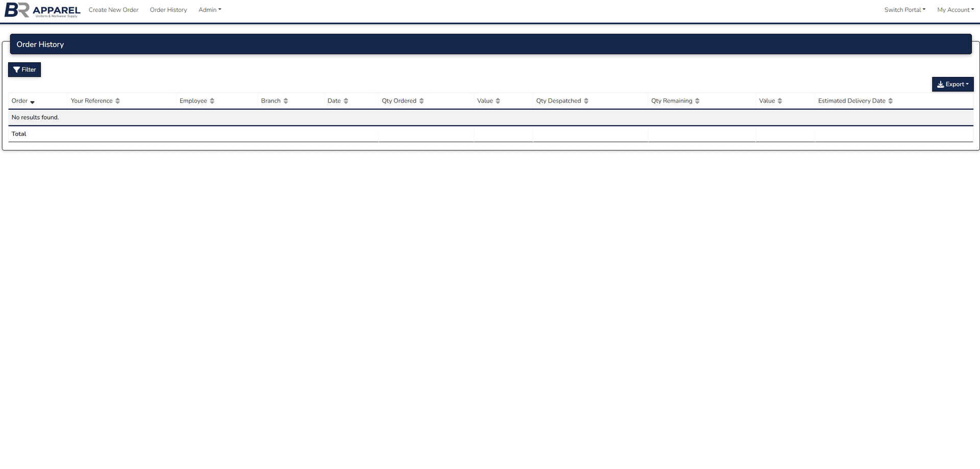 Order history screen showing the filterable order log with despatch tracking