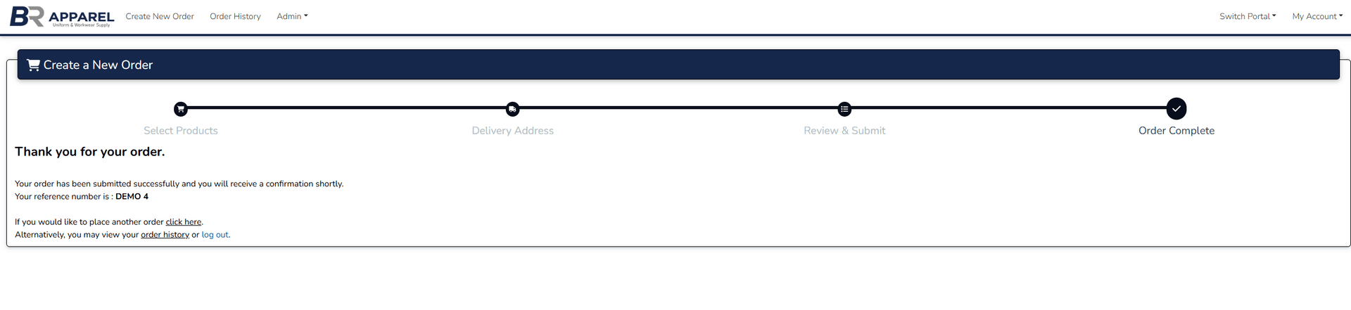 Order complete screen with a thank-you message and reference number